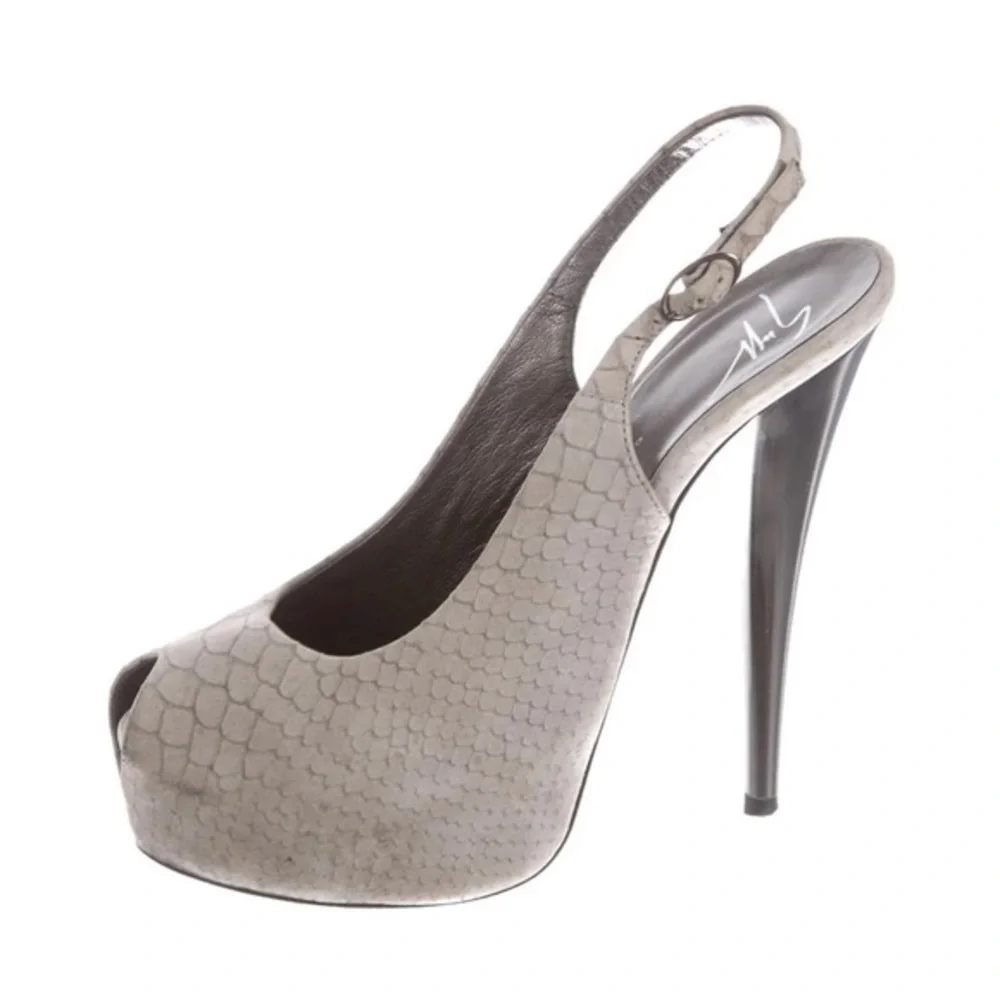 GIUSEPPE ZANOTTI Gray Python Embossed Suede Peep‎ Toe Platform Slingback